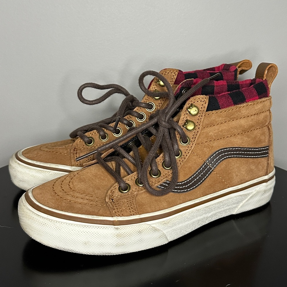 VANS hi top old skool shoes tan red plaid